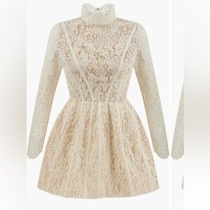 Bridal, Graduation Nocturne Lace Long Sleeve Mini Dress in Ivory